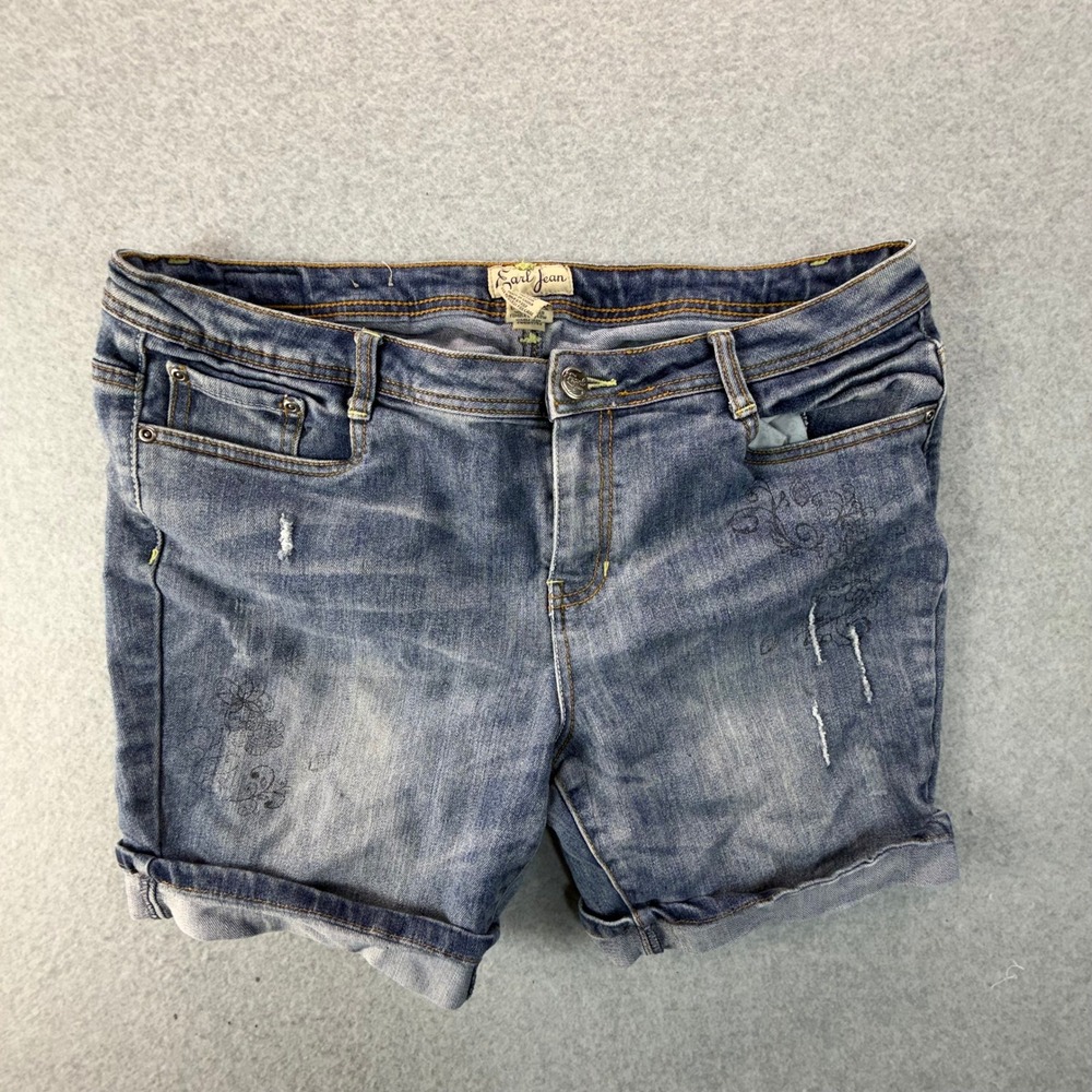 Earl Jean Womens 14 Blue Denim Shorts Embroidered Floral Distressed Cuffed Y2K